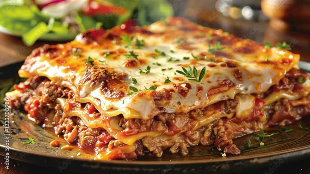 Savor the rich flavors of homemade lasagna, featuring layers of pasta, meat, sauce, and cheese, complemented by a colorful side salad, perfect for a hearty meal. Savor the rich flavors of homemade lasagna, featuring layers of pasta, meat, sauce, and cheese, complemented by a colorful side salad, perfect for a hearty meal.