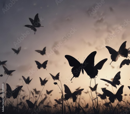 Group of butterfly silhouettes in various poses, group, various photo