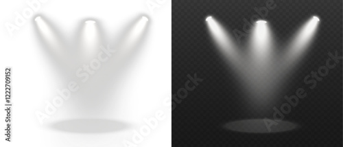Golden spotlight shines on transparent background. Glowing light effect. Scene spotlight on stage. Spotlight PNG. Vector lights: source, studio, walls. PNG file.