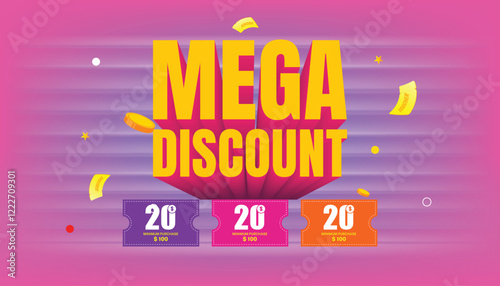 Mega discount with vouchers, special offer poster banner graphic design icon logo sign symbol social media website coupon advertising store shop online, website, landing page color full Background.