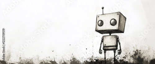 Sketch of a robot with a boxy head and simplistic design standing against a white background