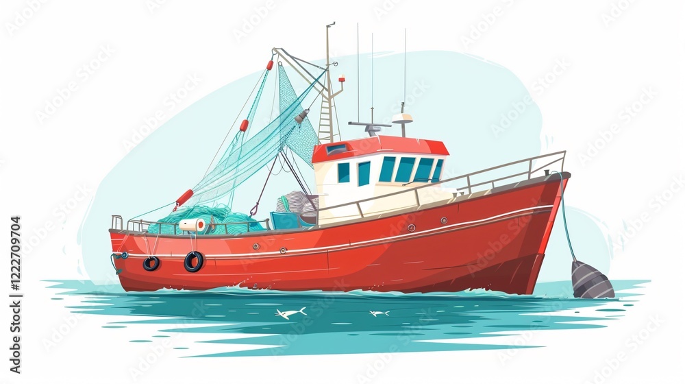 Vibrant Trawler Cartoon Icon - Fishing Boat with Net in Ocean Waters Vibrant Trawler Cartoon Icon - Fishing Boat with Net in Ocean Waters