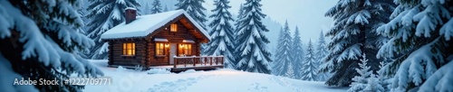 Wallpaper Mural A cozy cabin nestled among the snow-covered evergreen trees in a winter forest, cozy scene, winter hideaway, snow-covered woods Torontodigital.ca