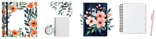 notebook and planner a Clipart concept. Floral stationery set with notebooks, blank pages, and decorative elements. on Transparent background.