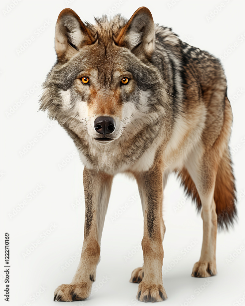 Obraz premium Wolf standing confidently against a white background in photorealistic detail during daylight