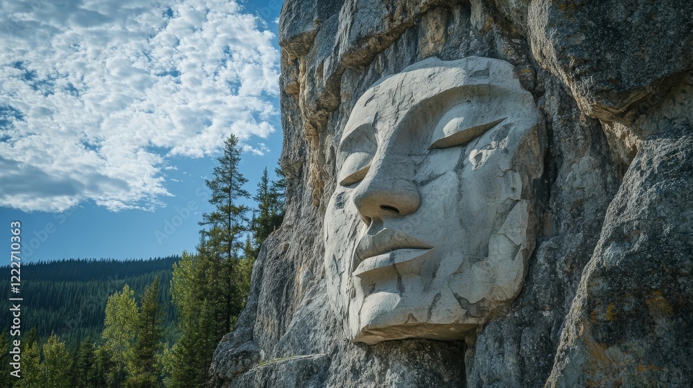 Obraz premium Majestic stone sculpture of a serene face carved into rocky mountains in a tranquil landscape at midday