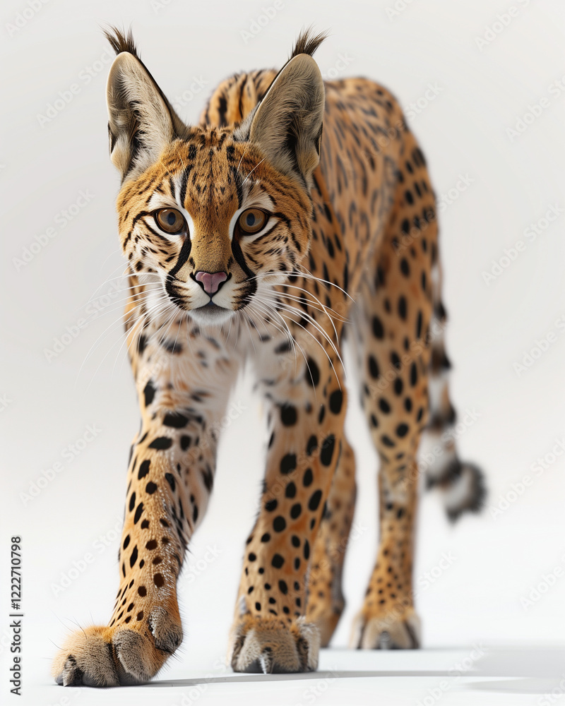Serval walking gracefully in daylight against a white background showcasing its stunning coat details Serval walking gracefully in daylight against a white background showcasing its stunning coat details