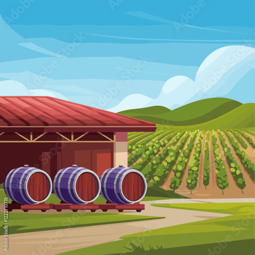 Vineyard and Winery with Wine Barrels