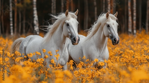 Majestic White Horses in Autumnal Field