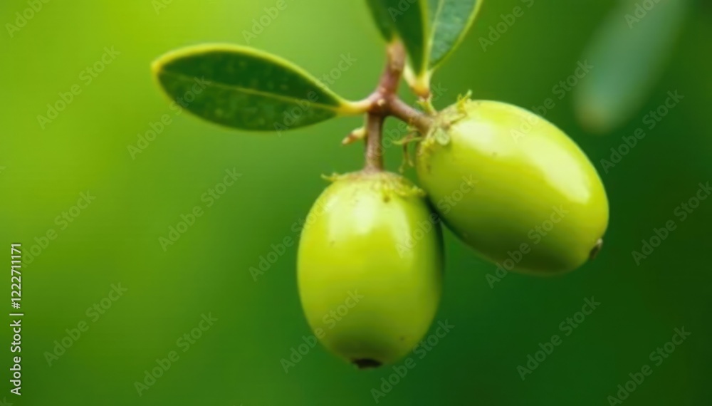Closeup of olive sprouts with tiny green olives developing on the stem, sprout, blossoms, stem Closeup of olive sprouts with tiny green olives developing on the stem, sprout, blossoms, stem