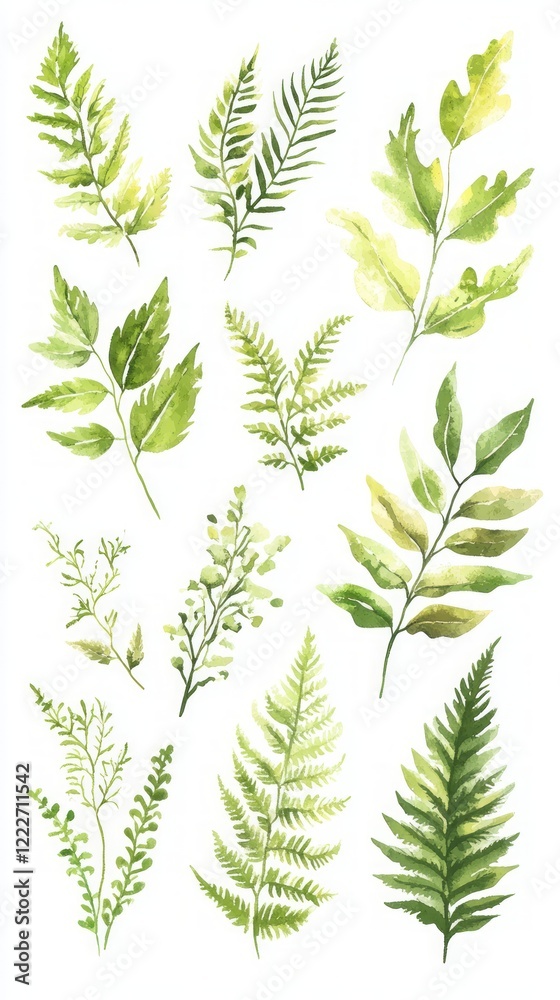 Watercolor Botanical Illustrations of Green Leaves and Ferns Watercolor Botanical Illustrations of Green Leaves and Ferns