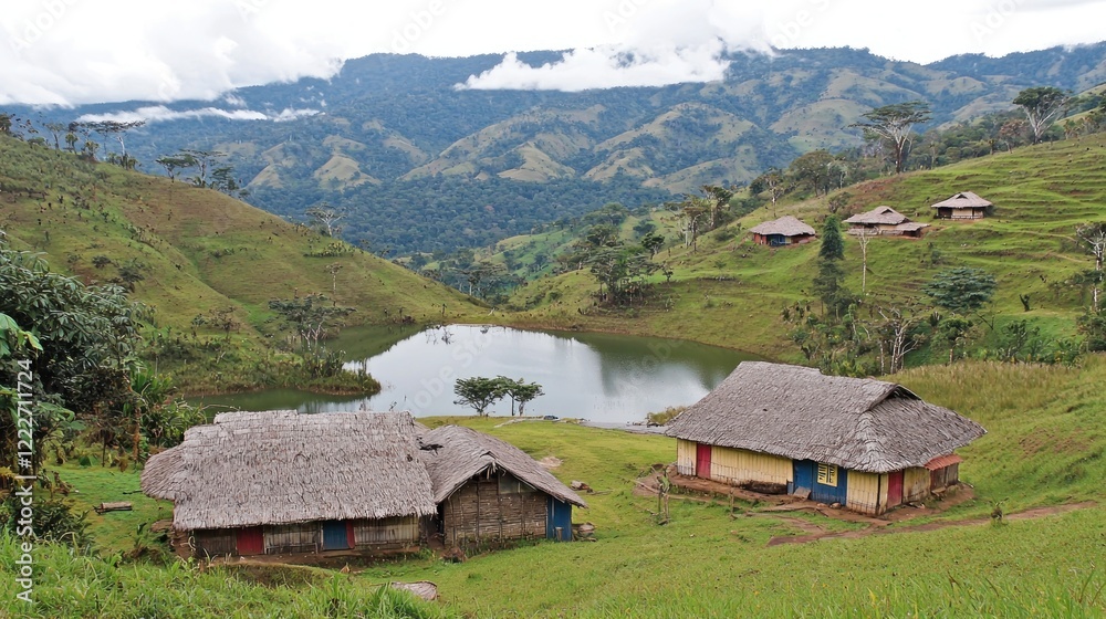 Rural village, lake, mountain vista, thatched houses, travel Rural village, lake, mountain vista, thatched houses, travel