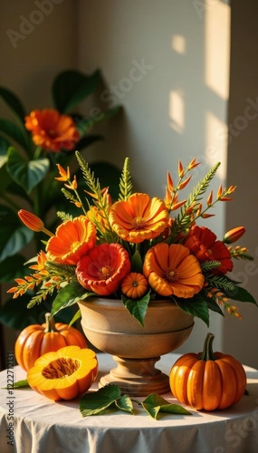 Flores de calabaza y zempas?chil en un altar elegante, altar, sofisticado, decoraci?n photo