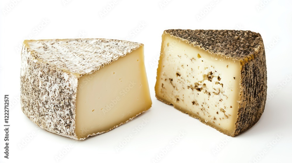 A wedge of cheese, one with a natural rind and the other infused with herbs. A wedge of cheese, one with a natural rind and the other infused with herbs.