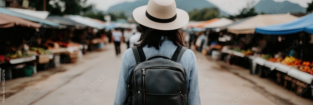 Obraz premium Woman backpacker walks through vibrant market. Travel, adventure, exploring