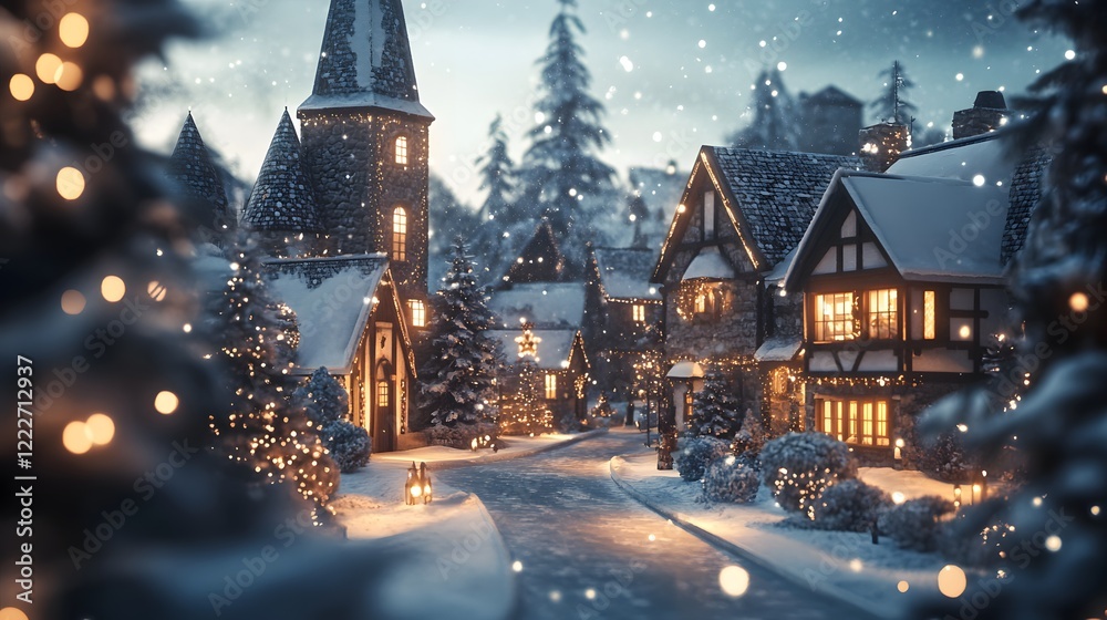 Naklejka premium Charming winter village, cozy cottages surrounded by snow, softly glowing lights, peaceful atmosphere, perfect for festive themes.