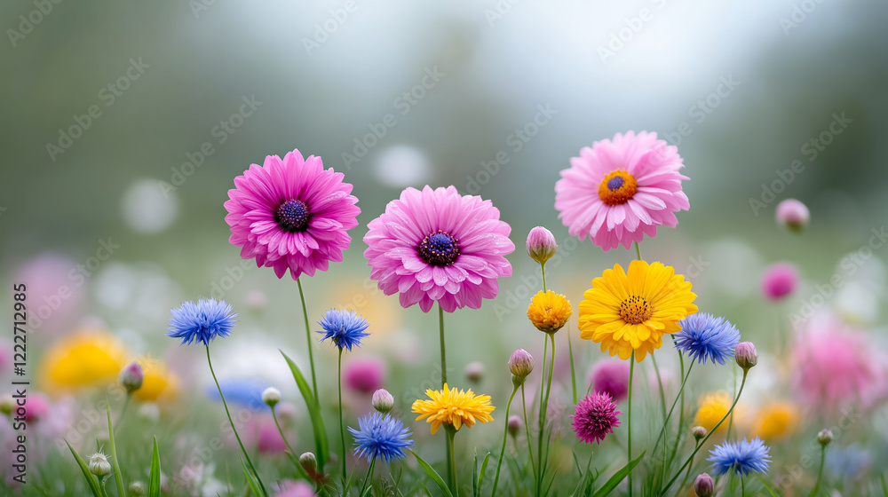 Fototapeta premium Fields of wildflowers display vibrant colors and delicate forms under soft natural light, creating a serene landscape of muted tones in springtime