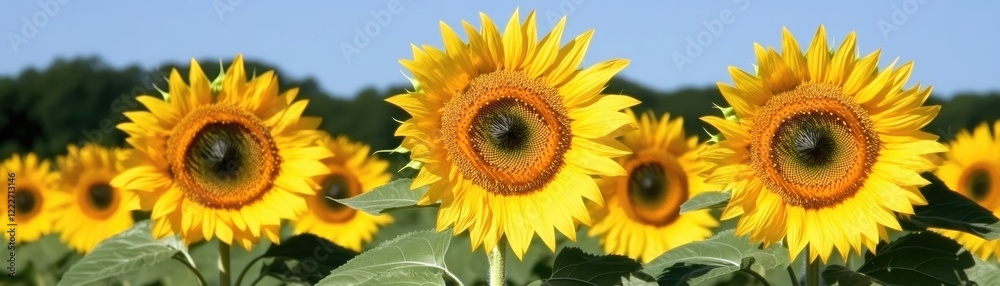 Fototapeta premium Sunflowers bloom in a field, sunny day. Nature background, summer vibe