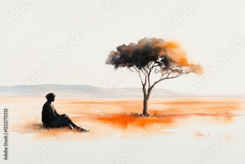 A soft watercolor painting of a person sitting under a lone tree in a vast, empty field, their posture heavy with the weight of disappointment, rendered in muted earth tones photo