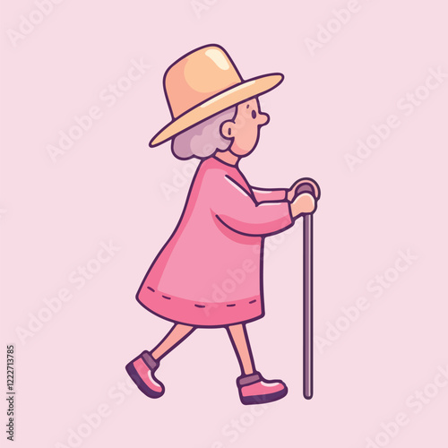 Old lady with walking stick vector illustration