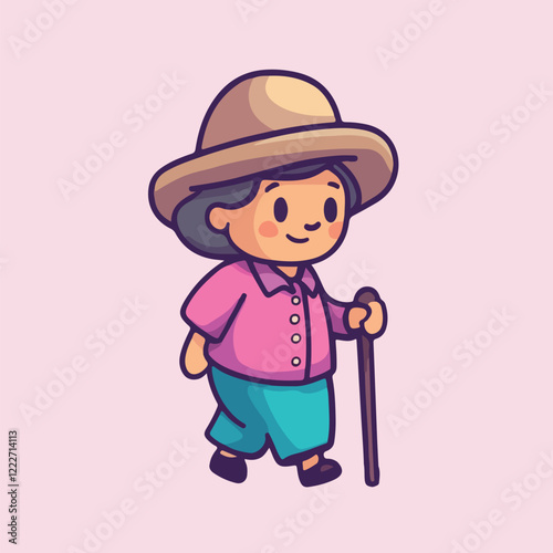 Old lady with walking stick vector illustration