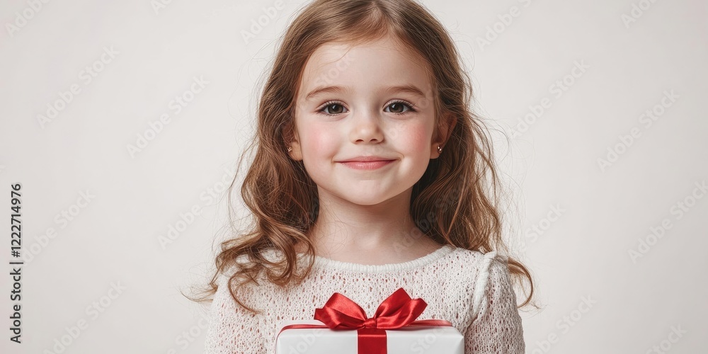 Smiling young girl in white dress holding a red ribboned gift box against a light neutral background with soft tones and ample copy space