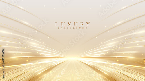 Elegant gold stage backdrop design decorated with glow and bokeh effect, background idea for awards ceremony and luxury style product promotion or marketing. Vector illustration.