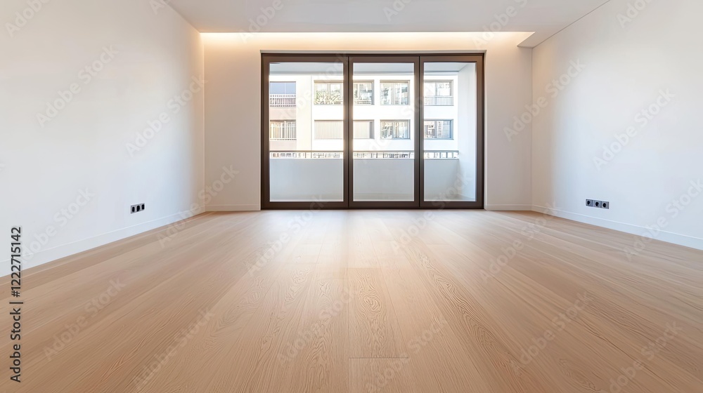 Obraz premium Energy efficiency minimalist concept. Spacious, modern room with large windows and wooden floor, perfect for interior design.