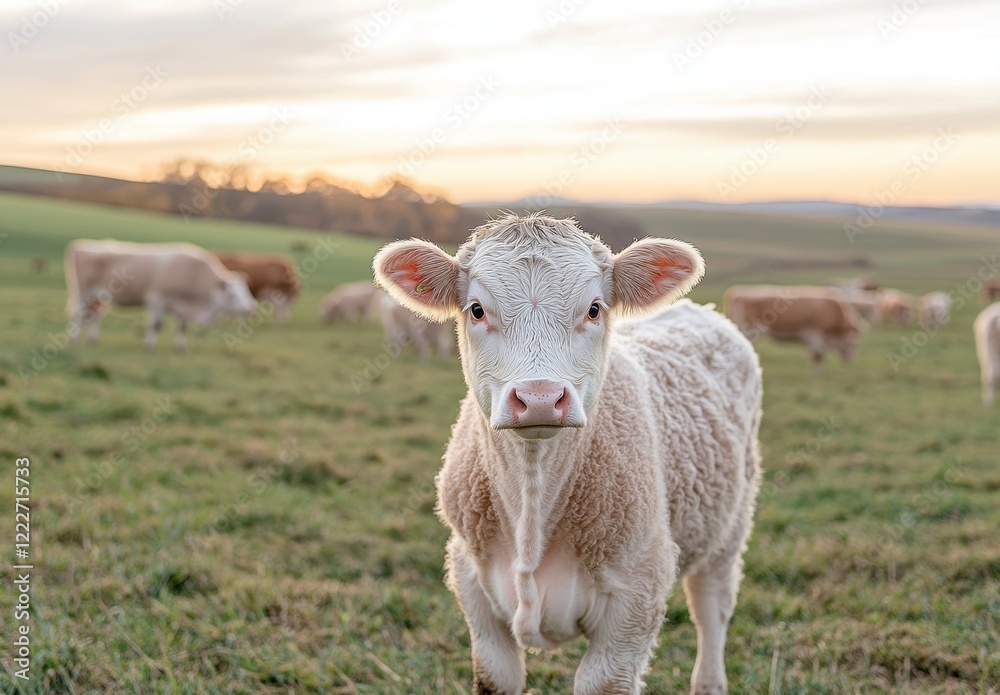 Adorable Young Calf with Soft Fur Stands in a Serene Pasture at Sunset, Surrounded by Rolling Hills and Grazing Cows, Captured in Golden Light Adorable Young Calf with Soft Fur Stands in a Serene Pasture at Sunset, Surrounded by Rolling Hills and Grazing Cows, Captured in Golden Light