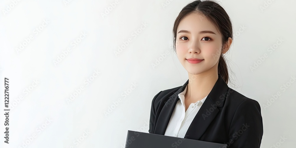 Confident young Asian businesswoman in a black blazer holding a file folder standing against a soft white background on the left side. Confident young Asian businesswoman in a black blazer holding a file folder standing against a soft white background on the left side.
