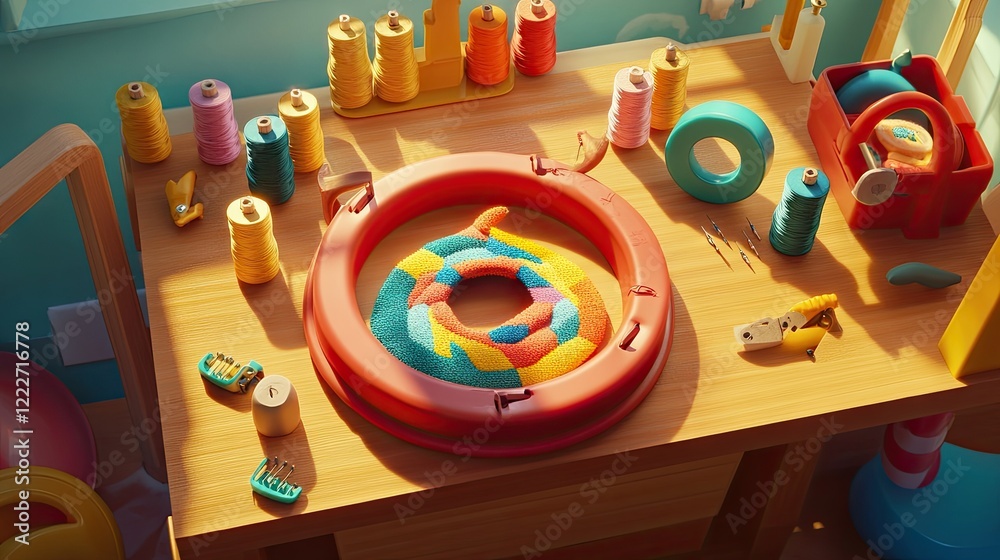 Naklejka premium Colorful snake toy creation, workshop setting, sunny room, craft supplies