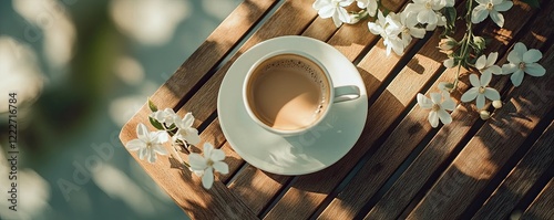 A cup of coffee with white flowers on the wooden table. Top view. Spring. Background, wallpaper, poster or banner.