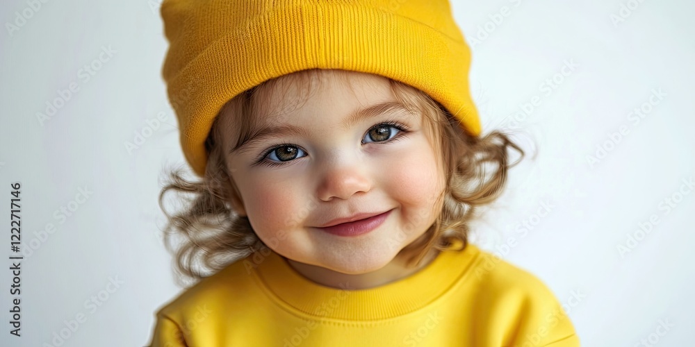 Adorable toddler girl with curly hair wearing a bright yellow sweatshirt and hat, displaying a charming smile against a soft white background. Adorable toddler girl with curly hair wearing a bright yellow sweatshirt and hat, displaying a charming smile against a soft white background.