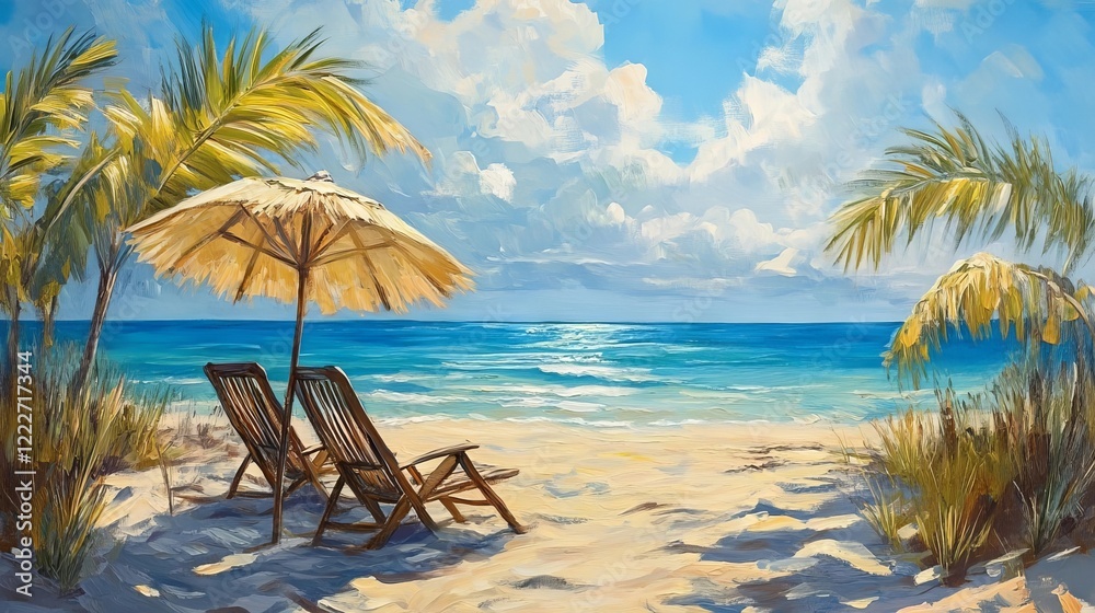 Serene beach view with lounge chairs and a straw umbrella under a bright sky Serene beach view with lounge chairs and a straw umbrella under a bright sky