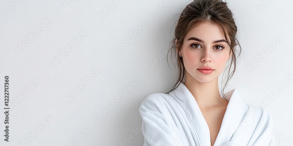 Brunette woman in a white bathrobe against a light gray wall, looking at the camera with soft natural makeup and serene expression, negative space on right. Brunette woman in a white bathrobe against a light gray wall, looking at the camera with soft natural makeup and serene expression, negative space on right.