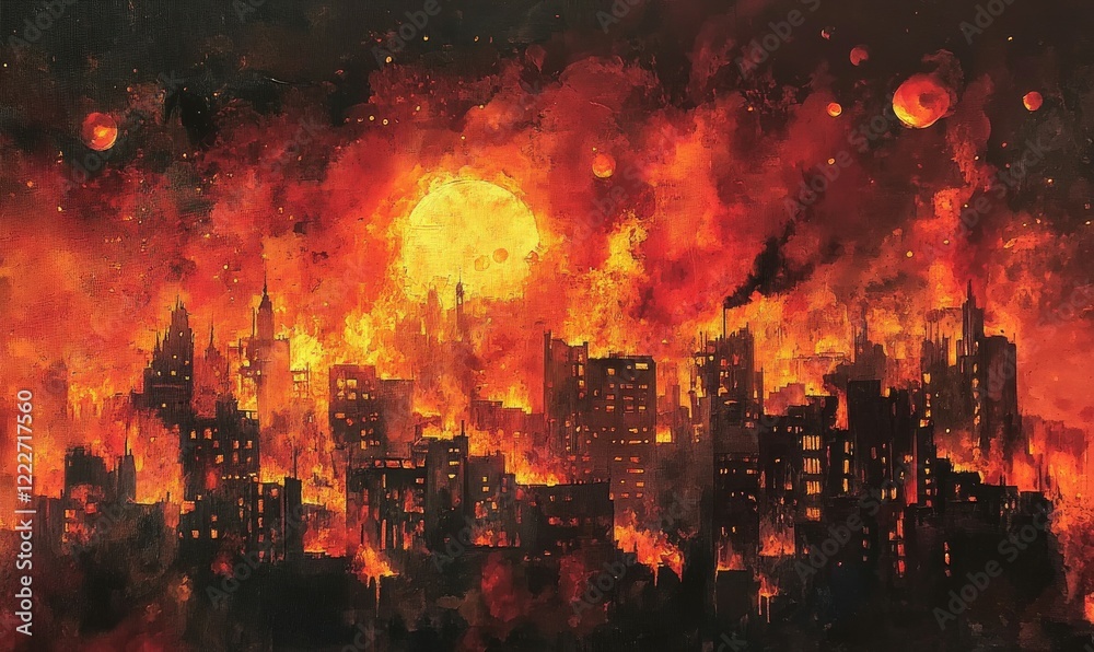 Fototapeta premium Fiery cityscape with flames engulfing buildings and embers floating