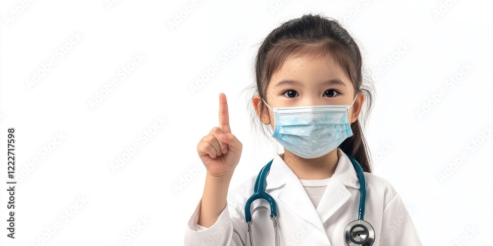 Young child in medical uniform with stethoscope and mask raising her index finger on white background wearing a white coat and light blue mask Young child in medical uniform with stethoscope and mask raising her index finger on white background wearing a white coat and light blue mask