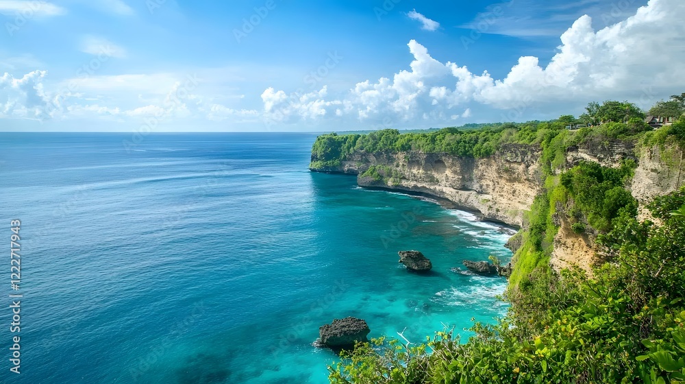 Fototapeta premium Coastal paradise, scenic ocean view with dramatic cliffs, vibrant blue waters meeting lush greenery, serene holiday escape.