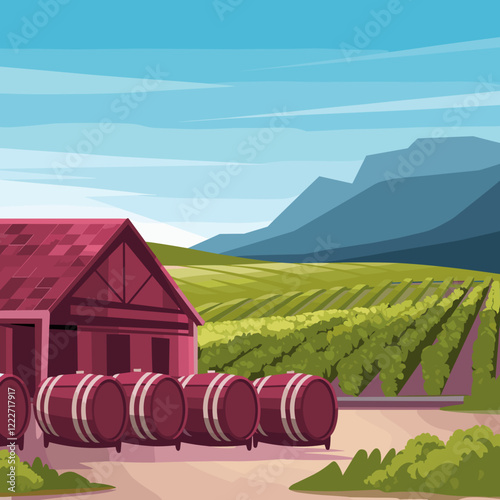 Vineyard and Winery with Wine Barrels