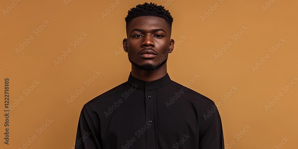 Obraz premium Young African man with short hair in a black long-sleeved shirt, centered against a warm brown background, exuding confidence and elegance.
