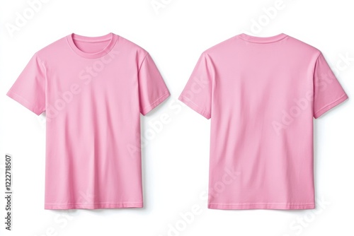 Vibrant pink t-shirt displayed from both front and back views in a studio setting