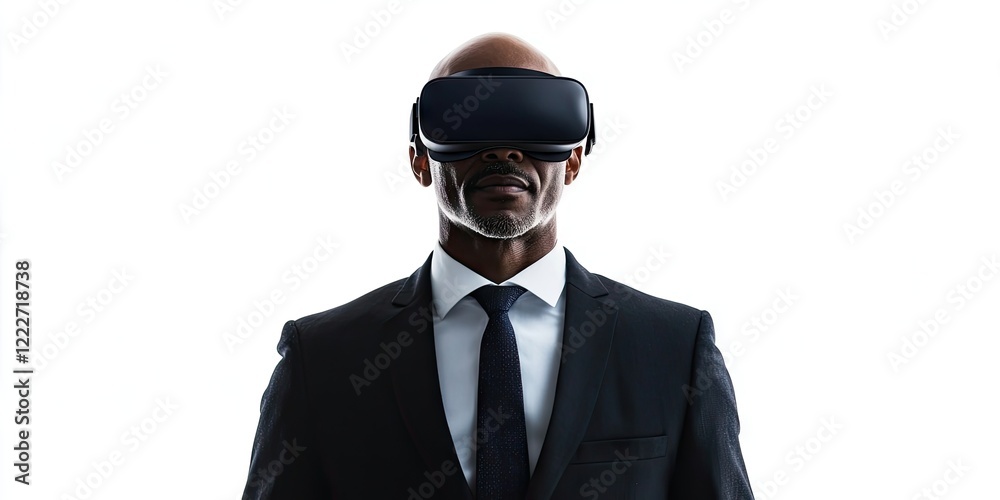 Professional man in sleek black suit wearing virtual reality headset on white background showcasing technology and innovation in business. Professional man in sleek black suit wearing virtual reality headset on white background showcasing technology and innovation in business.