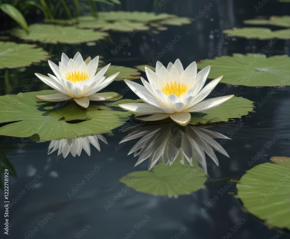 Graceful white lily pad flower with soft reflection on peaceful water, nature, reflection, graceful, flower Graceful white lily pad flower with soft reflection on peaceful water, nature, reflection, graceful, flower