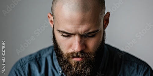 Serious young bearded man with a bald head looking down thoughtfully against a soft gray backdrop emphasizing introspection and calmness.