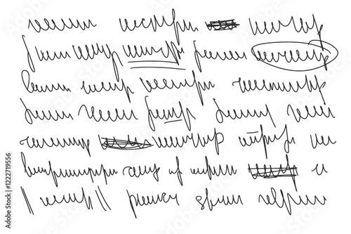 Illegible strikethrough cursive script message. Handwritten scribble letter. Freehand text note. Vector hand drawn illustration.