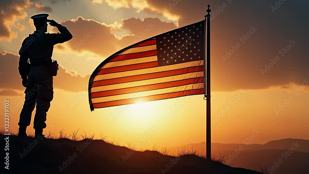Silhouette of soldier saluting American flag at sunset. Military service honor.