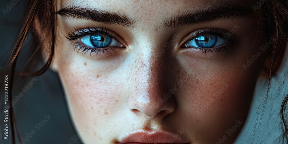 Fototapeta premium Close-up portrait of a woman with striking blue eyes and fair skin, soft focus background highlighting her subtle makeup and natural beauty.