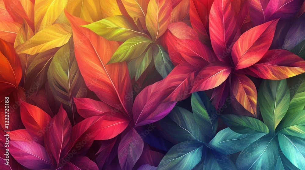 Vibrant leaves with bright colors and striking textures, abstract artwork, Generated AI Vibrant leaves with bright colors and striking textures, abstract artwork, Generated AI