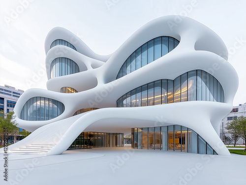 Innovative architectural design of a futuristic building showcasing fluid shapes and large glass windows in an urban setting under a soft gray sky photo