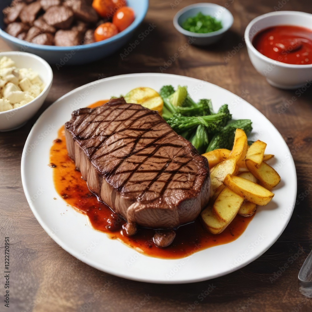Grilled beef steak on a plate with sauce and sides, steaky meat, beef cutlet, juicy steak Grilled beef steak on a plate with sauce and sides, steaky meat, beef cutlet, juicy steak